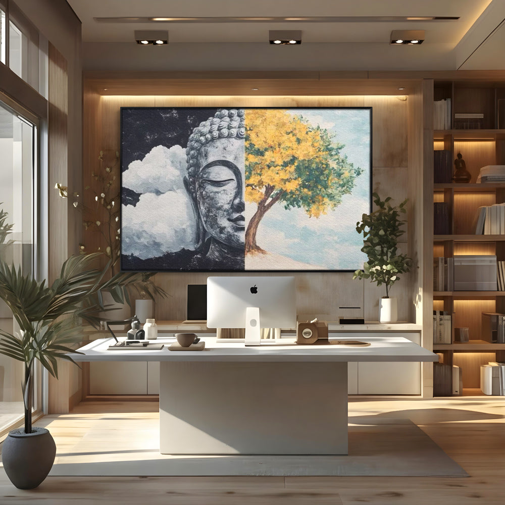 Tablou canvas cu tablou canvas cu buddha si copac, in rama de aluminiu negru, pe perete intr-un birou